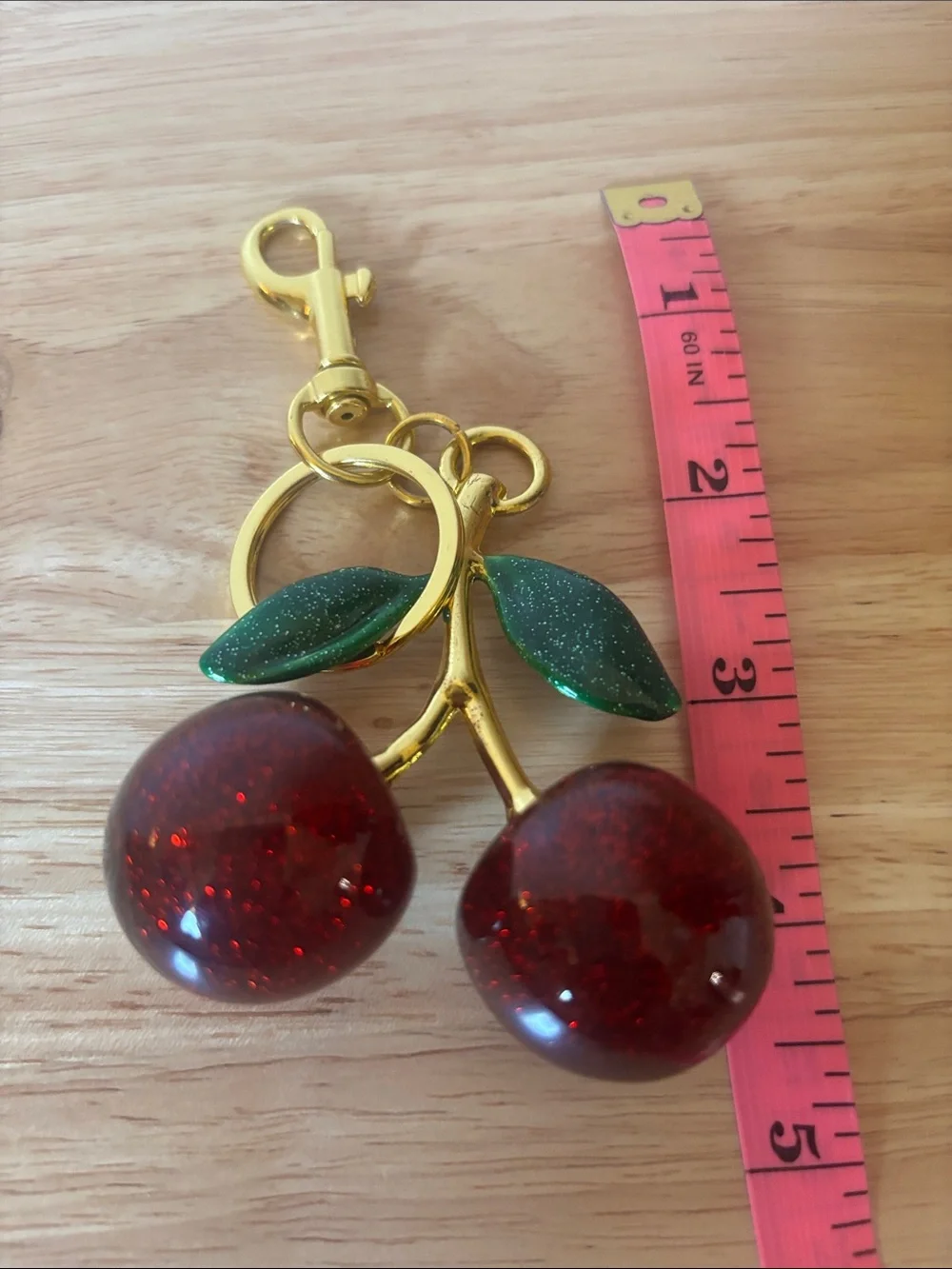 Sparkling Cherry Keychain with Gold Hardware and Green Leaves, Bag Charm